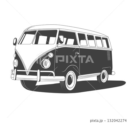 Retro Camper Van Icon. Vector Illustration. Classic Minibus Silhouette. Vintage Surf Van with Board. Microbus Clipart for Badge, Summer Beach Logo, Sticker, Tee Print Art 132042274