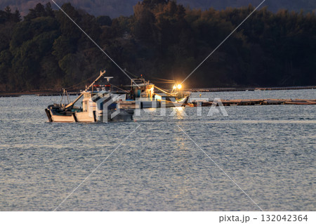 早朝の冬の瀬戸内の牡蠣漁の風景 早朝の冬の瀬戸内の牡蠣漁の風景 132042364