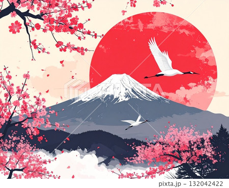 美しき日本を象徴する日の出富士と桜と鶴 132042422
