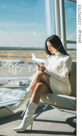 旅立ちの前に静かに本を読み時間を過ごす女性 ─ 白い装いが映える空港ラウンジのワンシーン 旅立ちの前に静かに本を読み時間を過ごす女性 ─ 白い装いが映える空港ラウンジのワンシーン 132042703