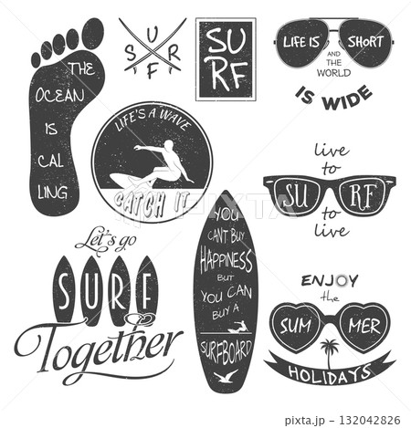 Surf Badge Set, Vector Illustration. Vintage Surf Labels and Typography. Hand-Drawn Surf Quotes, Surfboard Emblems, Sunglasses and Footprint Icons. Retro Beach Graphics Surf Badge Set, Vector Illustration. Vintage Surf Labels and Typography. Hand-Drawn Surf Quotes, Surfboard Emblems, Sunglasses and Footprint Icons. Retro Beach Graphics 132042826