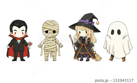 ドラキュラ、ミイラ、魔女、お化けの4人セット 132043117