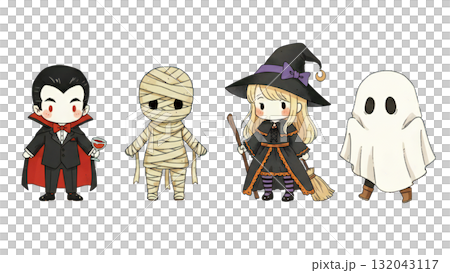 ドラキュラ、ミイラ、魔女、お化けの4人セット 132043117
