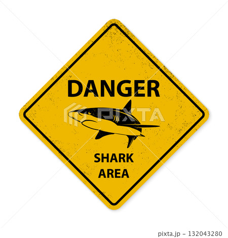 Shark Warning Sign, Vector Illustration. Yellow Diamond Danger Sign with Shark Silhouette, Distressed Road Sign for Beach, Coastal Safety, Shark Area Notice Shark Warning Sign, Vector Illustration. Yellow Diamond Danger Sign with Shark Silhouette, Distressed Road Sign for Beach, Coastal Safety, Shark Area Notice 132043280