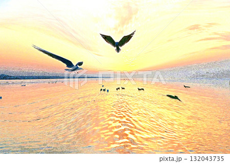 水鳥の戯れる霞ケ浦の初日の出 132043735