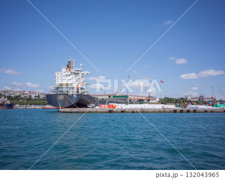 【トルコ】イスタンブールのボスポラス海峡を航行する船の上から望む対岸に停泊するの大型船舶 132043965