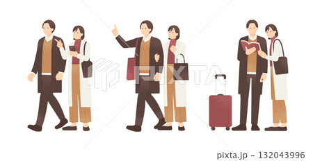 秋冬のお出かけカップル 秋冬デート＆トラベルの男女2人組のイラスト素材 132043996