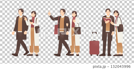 秋冬のお出かけカップル 秋冬デート＆トラベルの男女2人組のイラスト素材 132043996
