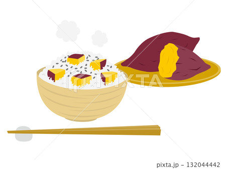 茶碗に盛られたさつま芋ご飯と籠に盛られたさつま芋のイラスト 茶碗に盛られたさつま芋ご飯と籠に盛られたさつま芋のイラスト 132044442