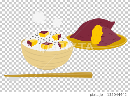 碗裝地瓜飯和籃子裝地瓜的插圖 132044442