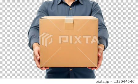 A man with a brown box labeled for a sale, symbolizing the excitement of Cyber Monday and small business Saturday shopping 132044546