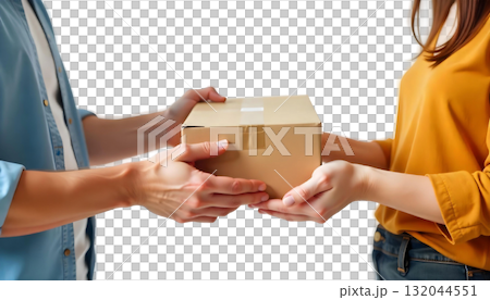 A man and woman are holding a box together, celebrating discounts during Black Friday and small business Saturday 132044551