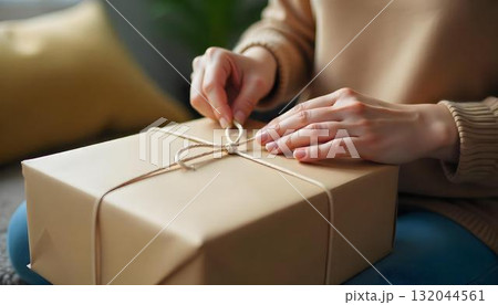 A woman with a brown wrapped gift box, representing small business Saturday and the joy of holiday discounts 132044561