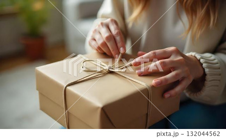 A woman presents a brown wrapped gift box, highlighting the excitement of unboxing during the holiday shopping season 132044562