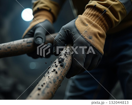 Close-up of gloved hands holding a pile of clear, melted glass fragments for industrial recycling under bright sunlight. Close-up of gloved hands holding a pile of clear, melted glass fragments for industrial recycling under bright sunlight. 132044813