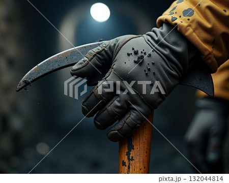 Close-up of a miner in a dark safety glove holding a pickaxe handle, with coal debris on the back of the hand inside a mine. Close-up of a miner in a dark safety glove holding a pickaxe handle, with coal debris on the back of the hand inside a mine. 132044814
