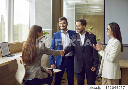 Business people shaking a hand as formal greeting, congratulation, agreement or farewell 132044957