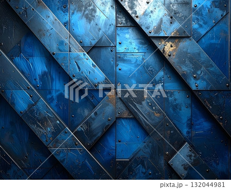Antique, richly textured old wooden door with an intricate metal design and a colorful stained glass window detail 132044981