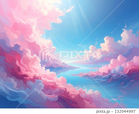 Vibrant summer sunset over the lake with clouds reflecting on the still water and sky ablaze in pink and purple beauty Vibrant summer sunset over the lake with clouds reflecting on the still water and sky ablaze in pink and purple beauty 132044997