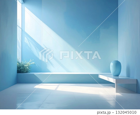Blue empty room interior design with bright sunlight from a large window showing a clear sky and clouds Blue empty room interior design with bright sunlight from a large window showing a clear sky and clouds 132045010