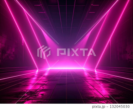 Abstract disco spotlight design illuminating the stage for a vibrant night concert show with laser lights and smoke to enhance the party event 132045030