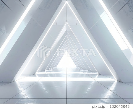 The abstract geometric light design creates a futuristic vector backdrop for a gray steel office wall interior with an empty glass window and spotlight technology illustration 132045043
