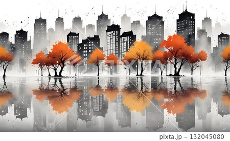Watercolor scene of a city in fall, showcasing trees and buildings, designed for wall art or as a background element Watercolor scene of a city in fall, showcasing trees and buildings, designed for wall art or as a background element 132045080