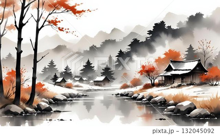 Watercolor wall art depicting an autumn scene with a mountain and river, showcasing traditional oriental painting style 132045092