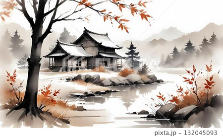 Autumn-themed oriental painting featuring a mountain and river, rendered in watercolor, ideal for wall art decor Autumn-themed oriental painting featuring a mountain and river, rendered in watercolor, ideal for wall art decor 132045093