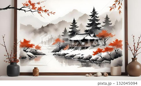 Oriental watercolor painting of a mountain and river in autumn, serving as elegant wall art for a serene background 132045094
