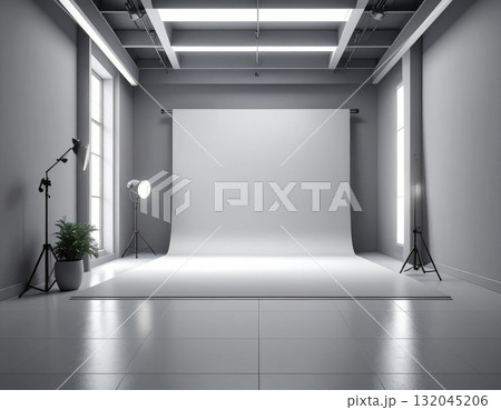 3D render of an empty white room, a bright architectural gallery with a blank wall, floor, and a single light source 132045206