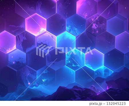 Abstract blue background with a glowing, futuristic hexagon pattern, perfect for technology design or a geometric texture illustration Abstract blue background with a glowing, futuristic hexagon pattern, perfect for technology design or a geometric texture illustration 132045223