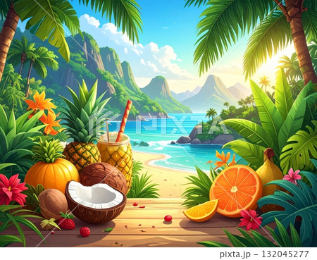 A delicious coconut cocktail sits on the sand of a tropical beach with palm trees and the ocean under the summer sun A delicious coconut cocktail sits on the sand of a tropical beach with palm trees and the ocean under the summer sun 132045277