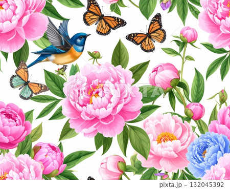 A beautiful seamless floral pattern features pink roses and peonies, evoking the beauty of a spring garden blossom 132045392
