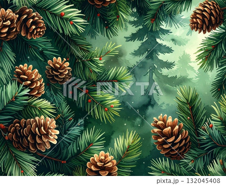 Winter holiday background of evergreen fir and pine branches with cones and snow for Christmas and New Year decoration 132045408