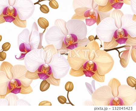 Seamless yellow flower pattern background with pink orchid blossom, vector illustration design Seamless yellow flower pattern background with pink orchid blossom, vector illustration design 132045423