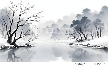 Peaceful winter scene with snow-laden trees and calm water, illustrated in a delicate watercolor style for wall art Peaceful winter scene with snow-laden trees and calm water, illustrated in a delicate watercolor style for wall art 132045503