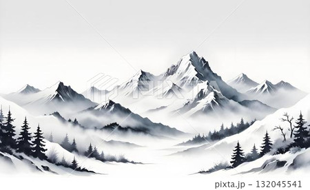 Watercolor painting of a snowy mountain range with trees, depicting a serene winter landscape for wall art Watercolor painting of a snowy mountain range with trees, depicting a serene winter landscape for wall art 132045541