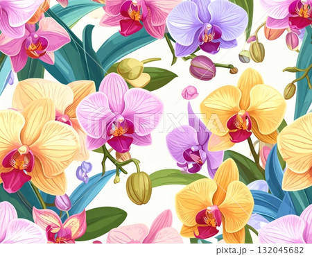Seamless yellow flower pattern background with pink orchid blossom, vector illustration design Seamless yellow flower pattern background with pink orchid blossom, vector illustration design 132045682