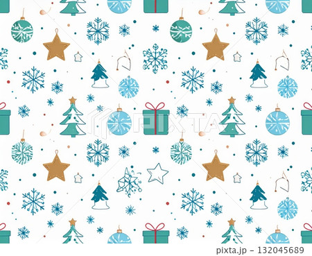 A colorful vector illustration of a Christmas seamless pattern featuring a fir tree decorated with gifts, snow, and a star for winter holiday celebration 132045689