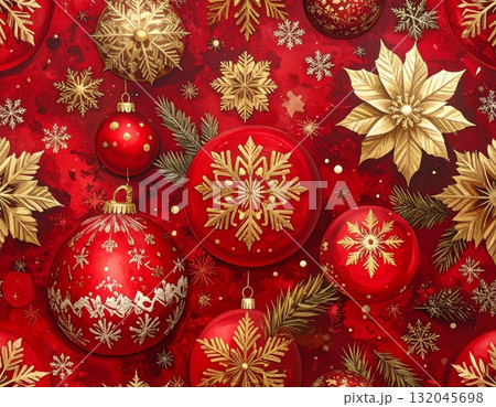 Golden Christmas balls and snowflake decorations on a festive winter season background for a holiday celebration Golden Christmas balls and snowflake decorations on a festive winter season background for a holiday celebration 132045698