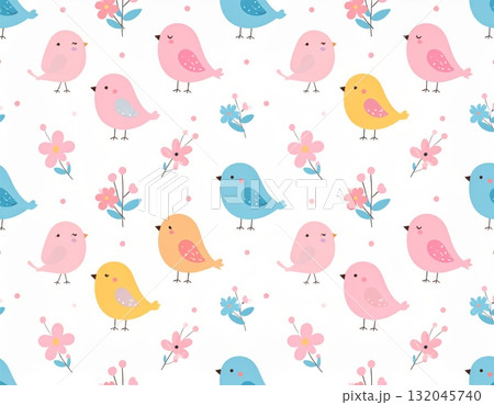 Cute cartoon seamless vector pattern set with birds, flowers, and nature elements for baby decoration design Cute cartoon seamless vector pattern set with birds, flowers, and nature elements for baby decoration design 132045740