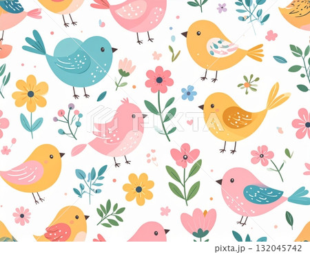 Cute cartoon seamless vector pattern set with birds, flowers, and nature elements for baby decoration design 132045742