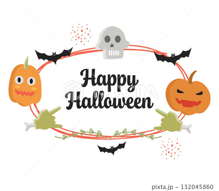 Happy Halloween Greeting Card Illustration with Oval Frame, Pumpkin, Skull, and Zombie Hands.Vector Illustration Happy Halloween Greeting Card Illustration with Oval Frame, Pumpkin, Skull, and Zombie Hands.Vector Illustration 132045860
