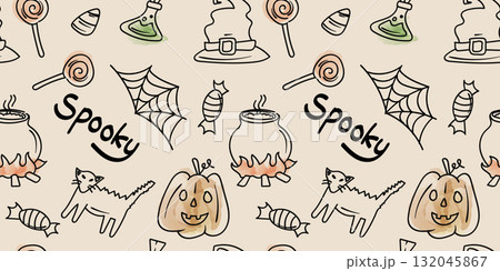 Seamless Pattern Doodle Cute Halloween Elements Line Color with Text Spooky Watercolor Effect Illustration Seamless Pattern Doodle Cute Halloween Elements Line Color with Text Spooky Watercolor Effect Illustration 132045867