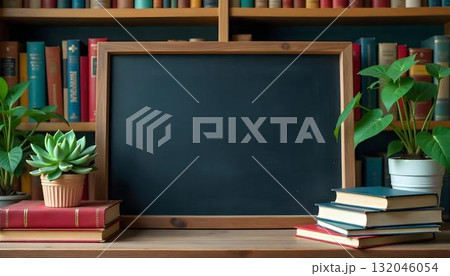 Blackboard with books and plants on a wooden shelf, symbolizing education and literacy for International Literacy Day 132046054