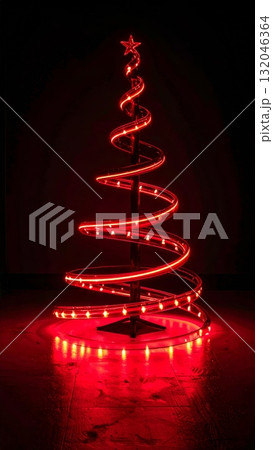 Abstract red Christmas tree with star, light and snow for winter holiday decoration and greeting card design illustration 132046364