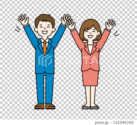 Full-body vector illustration set of young men and women in suits cheering with joy_Color 132046388