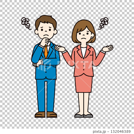A simple full-body vector illustration of a young male and female businessman pair thinking with a troubled expression_Color 132046389