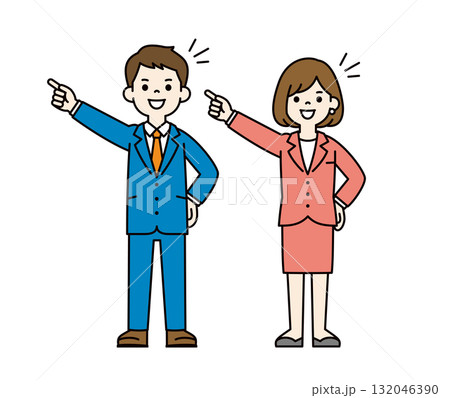 目標に向かってチャレンジする、若い会社員の男性と女性の全身ベクターイラスト素材＿カラー 132046390